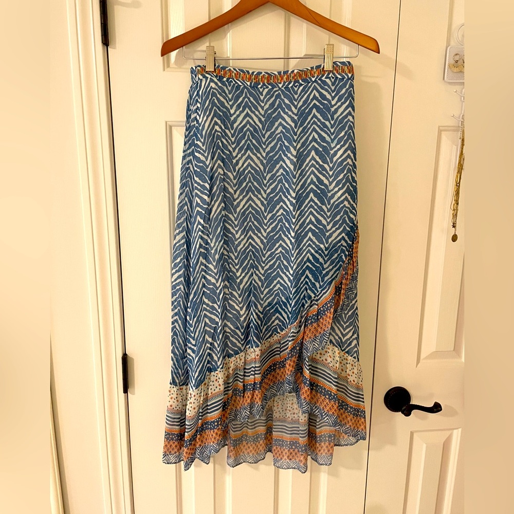 Anthropologie Blue and White High-Low Skirt with Orange Accents